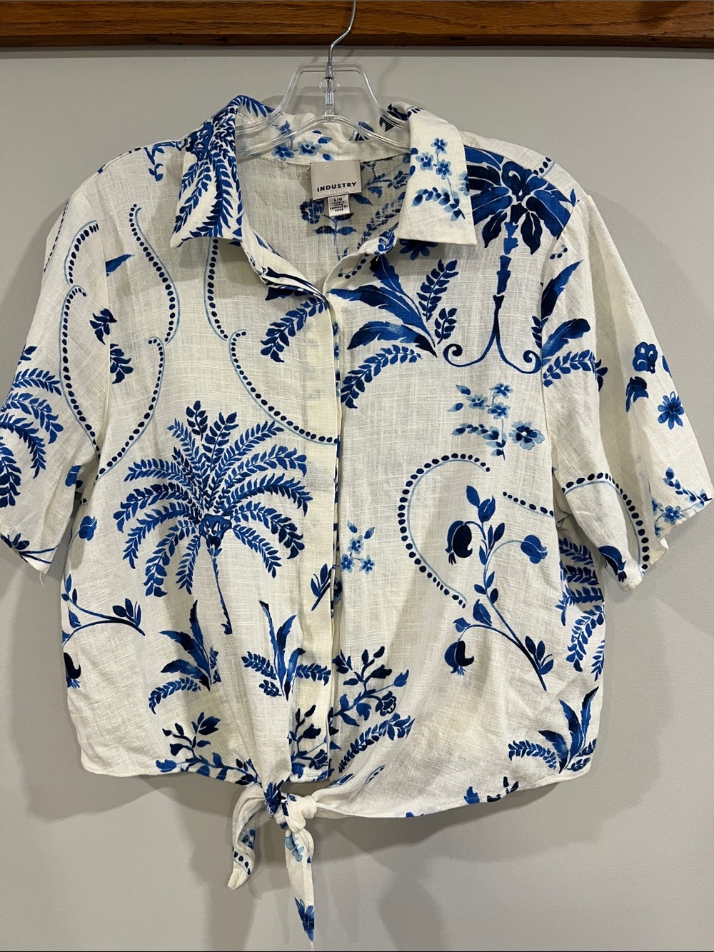 Blue Floral Tie-Front Linen Shirt - White/Blue